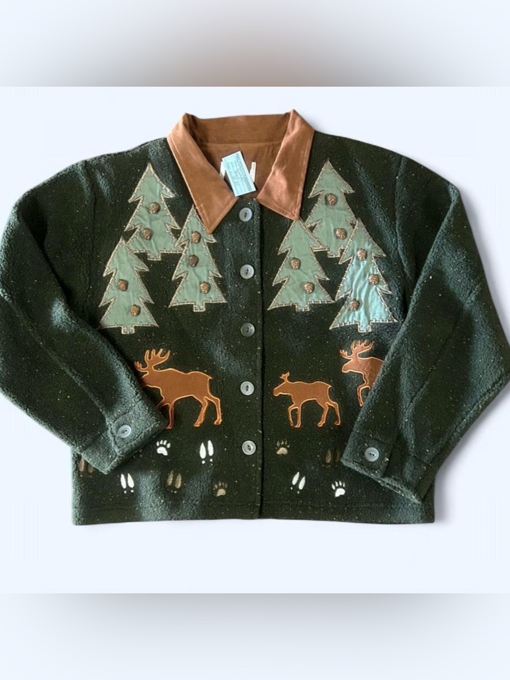 Forest Applique Moose & Tree Button Front Jacket - Green & Brown